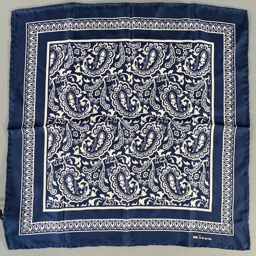 KITON Navy White Paisley Silk Pocket Square